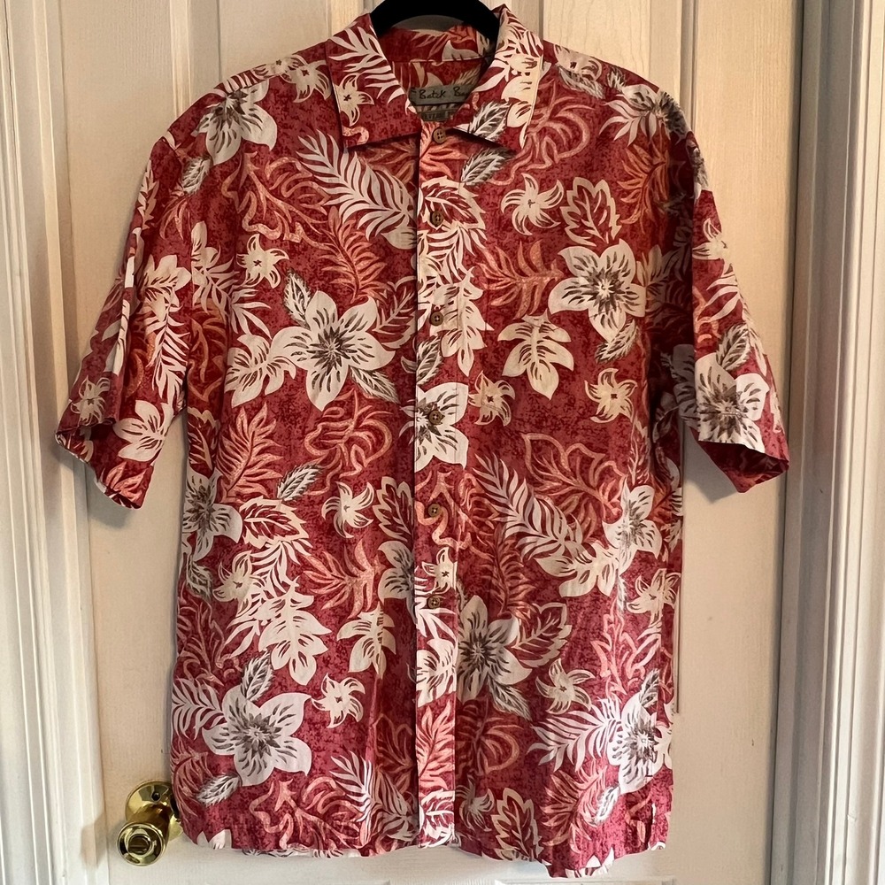 Batik Bay Mens L Red Reverse Print Hawaiian Cotton Camp SS Button‎ Up Shirt